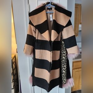 Anne Taylor Black and Camel Stripe Tie Coat